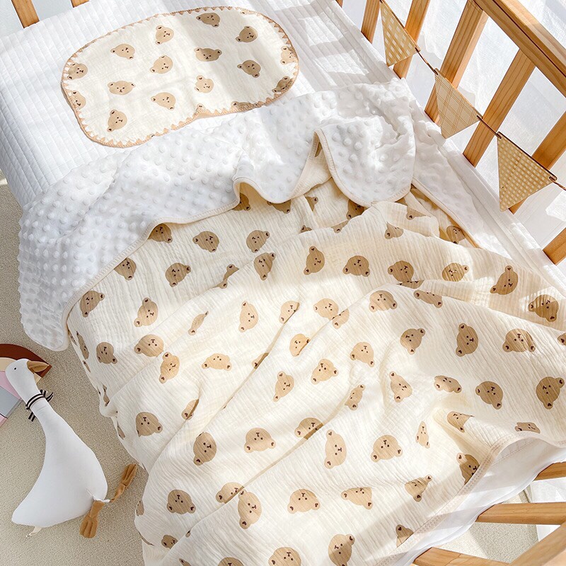 Chăn Xô Cho Bé Muslin 2 Lớp Một Mặt Hình Hạt Đậu Kích Thước 100x110cm