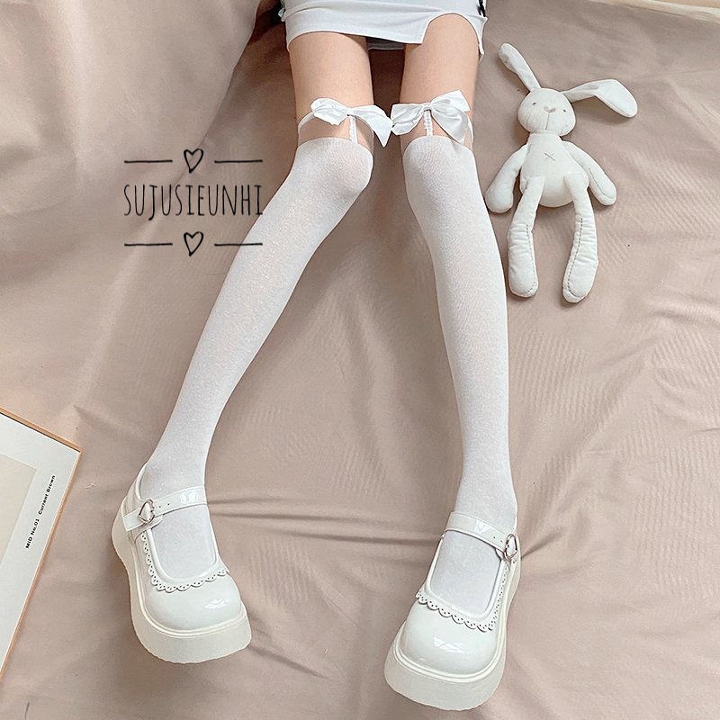 Tất/ vớ đùi jk len dày 2 tầng trong suốt đính nơ lolita
