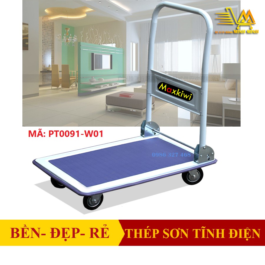 [FreeShip - Clip thật] Xe Kéo Hàng, Xe Đẩy Hàng 4 Bánh Maxkiwi- Sàn Thép, Tải Trọng 150kg, Tay Đẩy Gập Gọn