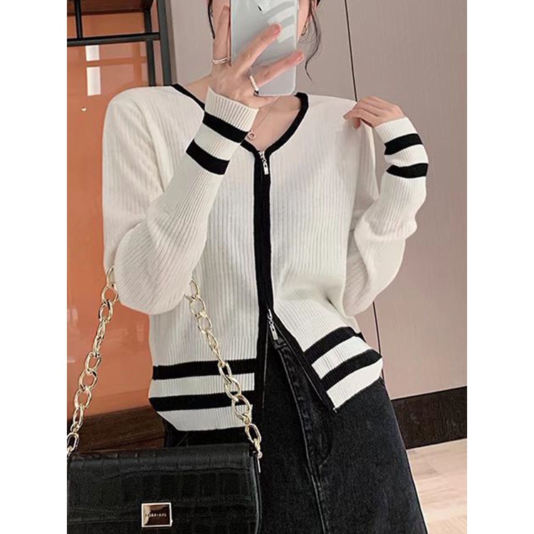 Áo Khoác Cardigan Dệt Kim Cổ Chữ v Phối Hai Khóa Kéo Màu Sắc Thời Trang Xuân Hè 2022 Dành Cho Nữ