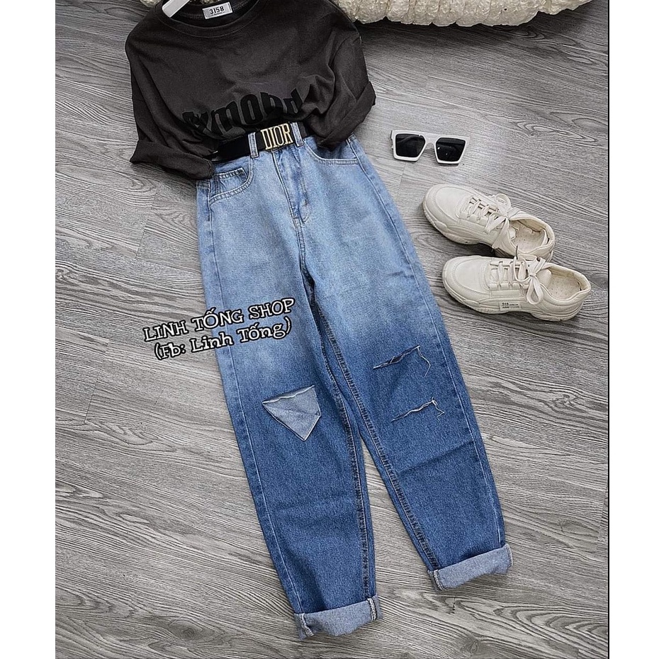 Quần baggy jean xanh loang tách kiểu cá tính - Quần bò nữ cạp cao mẫu mới 2022