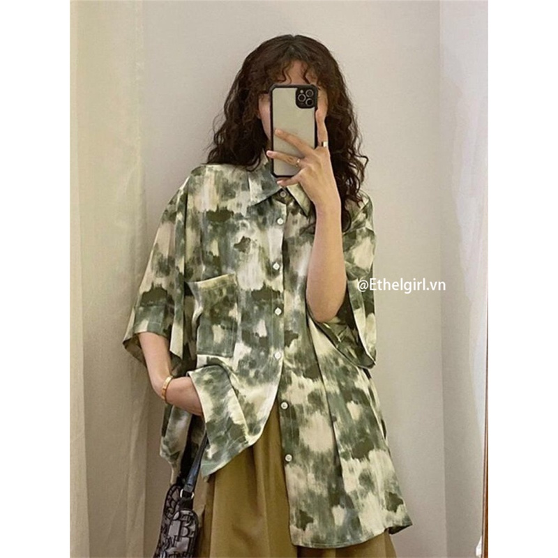 Áo Sơ Mi Tay Ngắn Họa Tiết Màu Loang Thời Trang Sành Điệu Cho Nữ