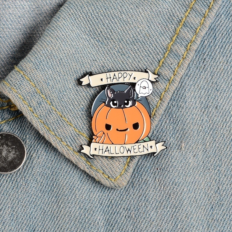 Ghim cài áo QIHE JEWELRY tráng men hình bí ngô mèo đen bóng ma trang trí Halloween vui nhộn