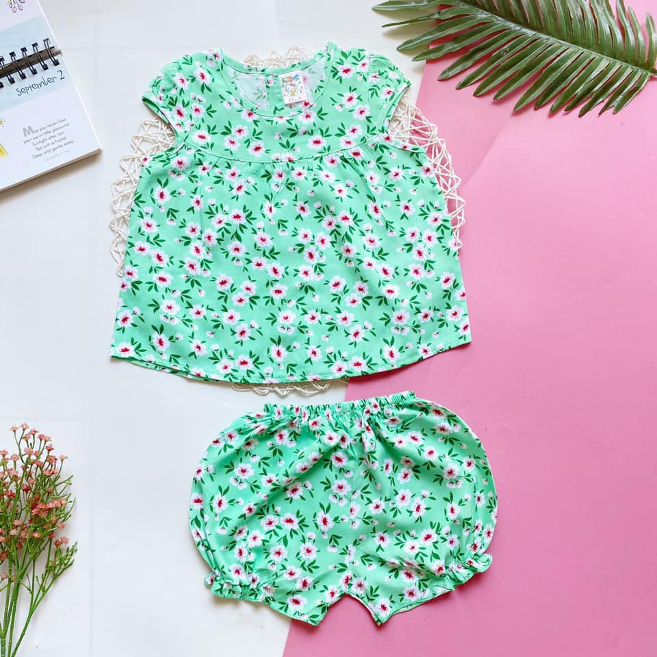 Bộ quần áo vải tôn (tole - lanh) mẫu tay nhí gài nút sau mềm - mịn - mát cho bé gái 7-9kg (hình thật)