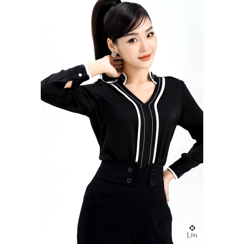 Áo sơ mi nữ dài tay form công sở màu Trắng Cổ Tàu kết hợp viền đen thanh lịch Liin Clothing SM3565