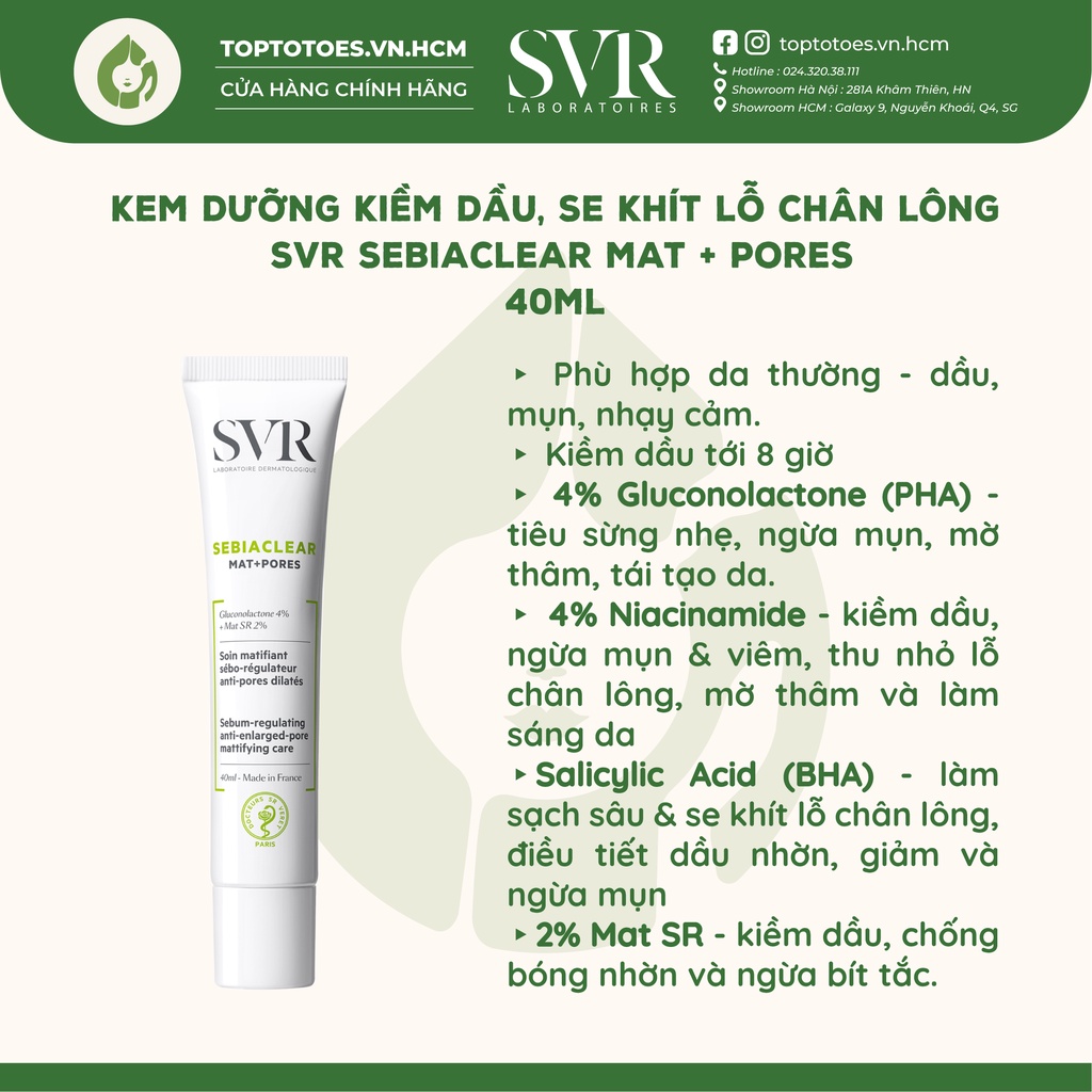 Kem dưỡng kiềm dầu, se khít lỗ chân lông SVR Sebiaclear Mat + Pores 40ml [NHẬP KHẨU CHÍNH HÃNG 100%]