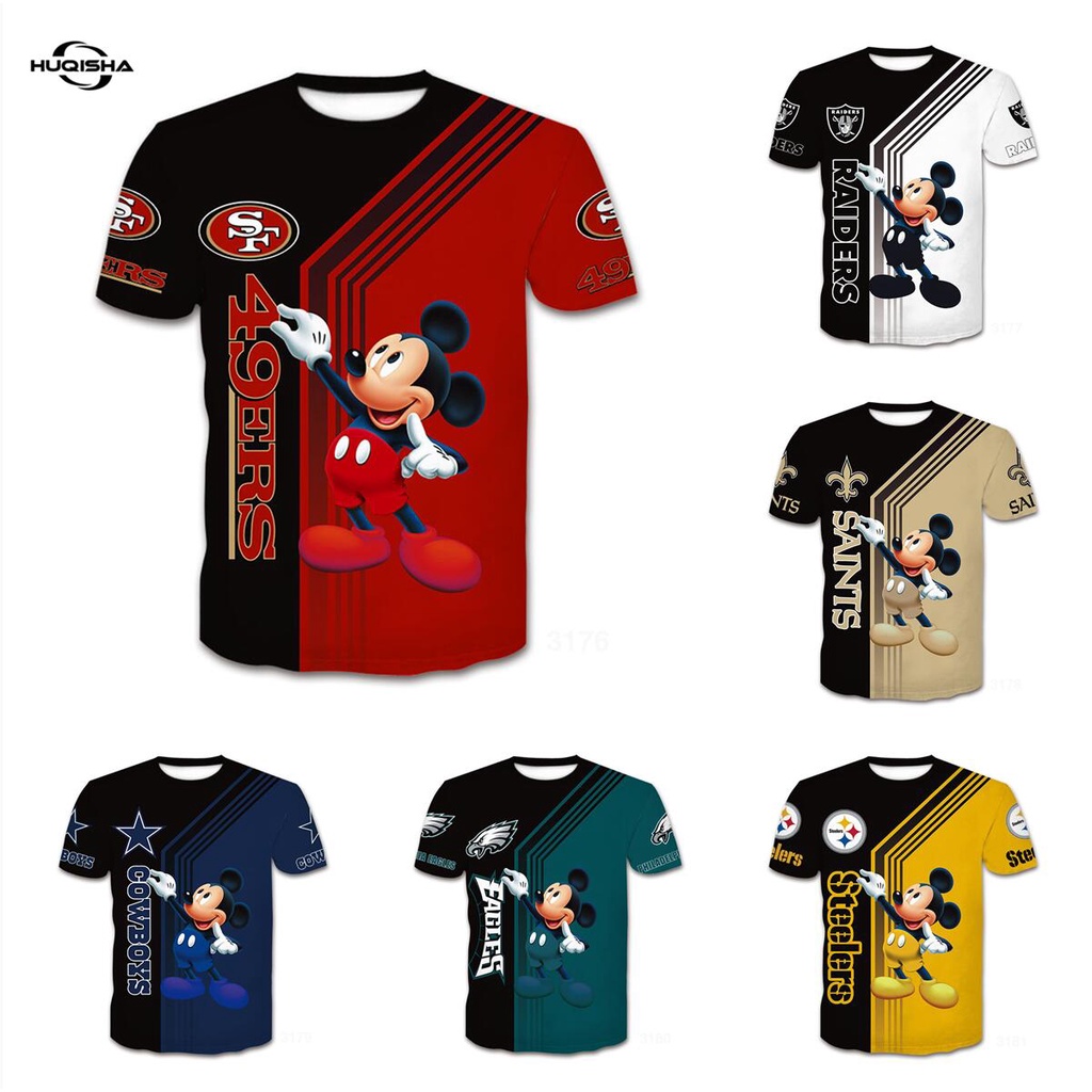 Áo thun HUQISHA tay ngắn dáng rộng in hoạt hình chuột Mickey Disney 3d kiểu harajuku cá tính cho nam