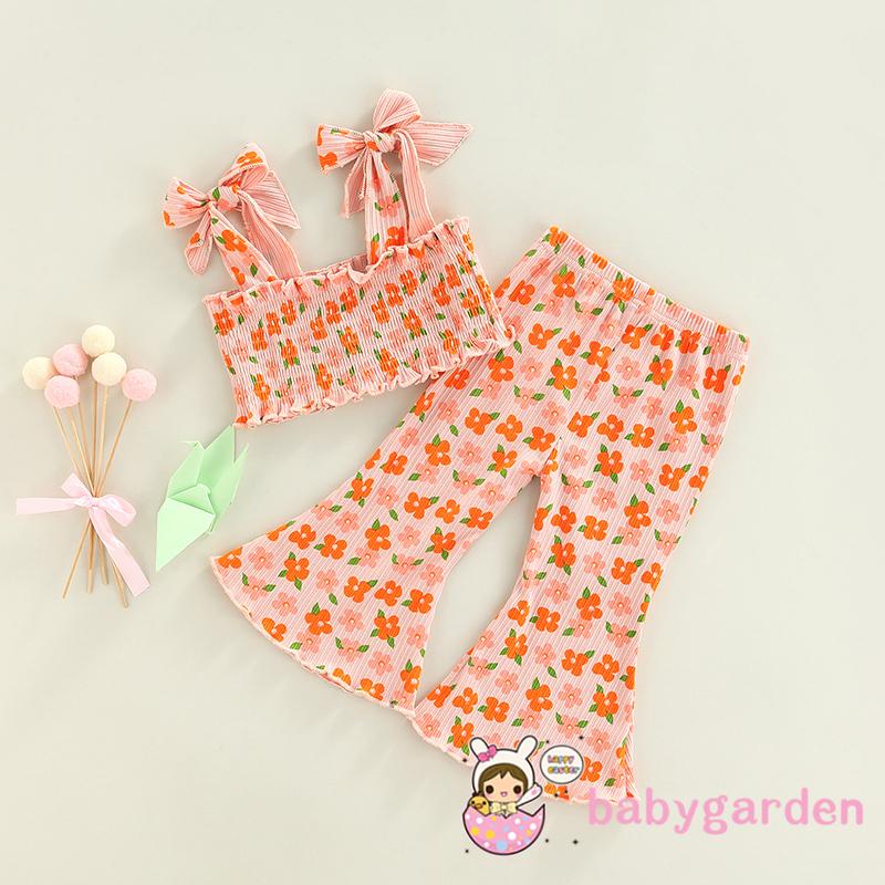 Bộ Áo Hai Dây In Hoa + Quần Ống Loe Co Giãn Dành Cho Bé Gái 6 Tháng Tuổi