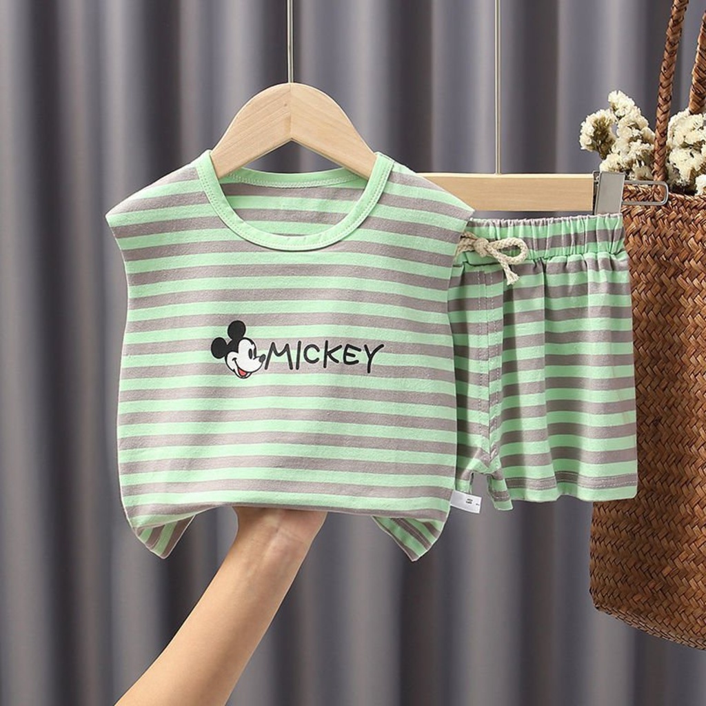 Bộ sát nách cho bé binbon kids, bộ ba lỗ cho bé trai bé gái chất thun cotton kẻ ngang Mickey cho bé từ 7-25kg