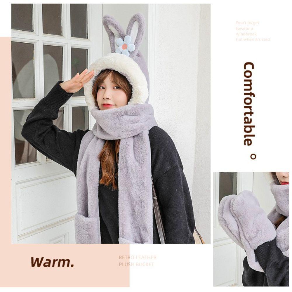 Set Găng Tay + Mũ + Găng Tay + Khăn Choàng 3 Trong 1 Bằng Vải Lông Đính Tai Thỏ Ấm Áp Thời