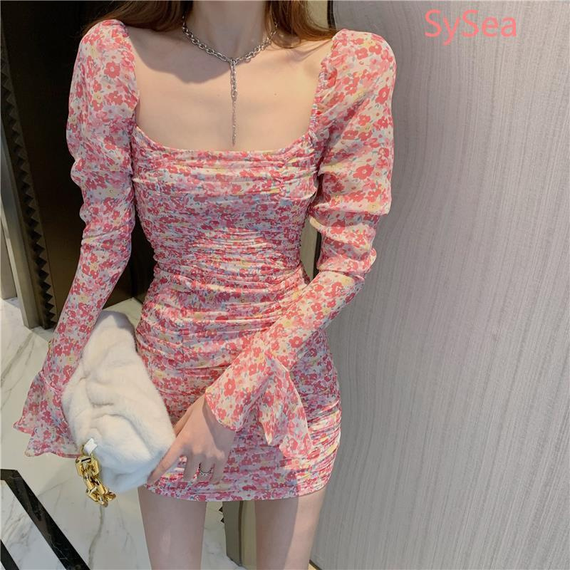 Đầm Hoa Tay Dài Cổ Vuông Kiểu Retro Pháp Thời Trang Mùa Hè Cho Nữ