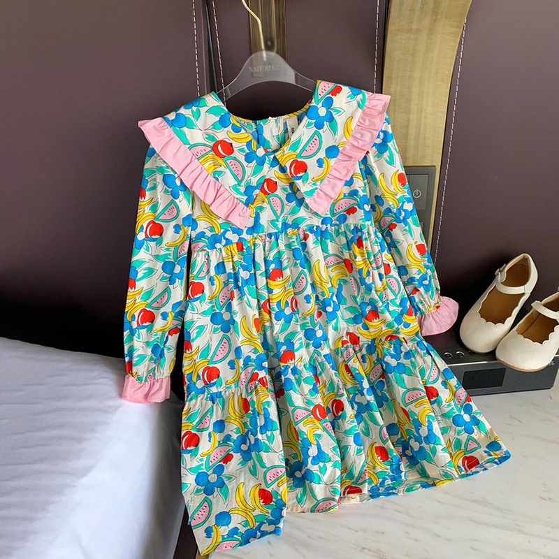 Đầm Tay Dài Cổ Bẻ In Hoa Dễ Thương Thời Trang Xuân Thu Phong Cách Hàn Quốc Cho Bé Gái
