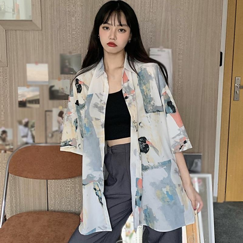 Áo Sơ Mi Voan Ngắn Tay Dáng Rộng In Họa Tiết Xinh Xắn Dành Cho Nữ