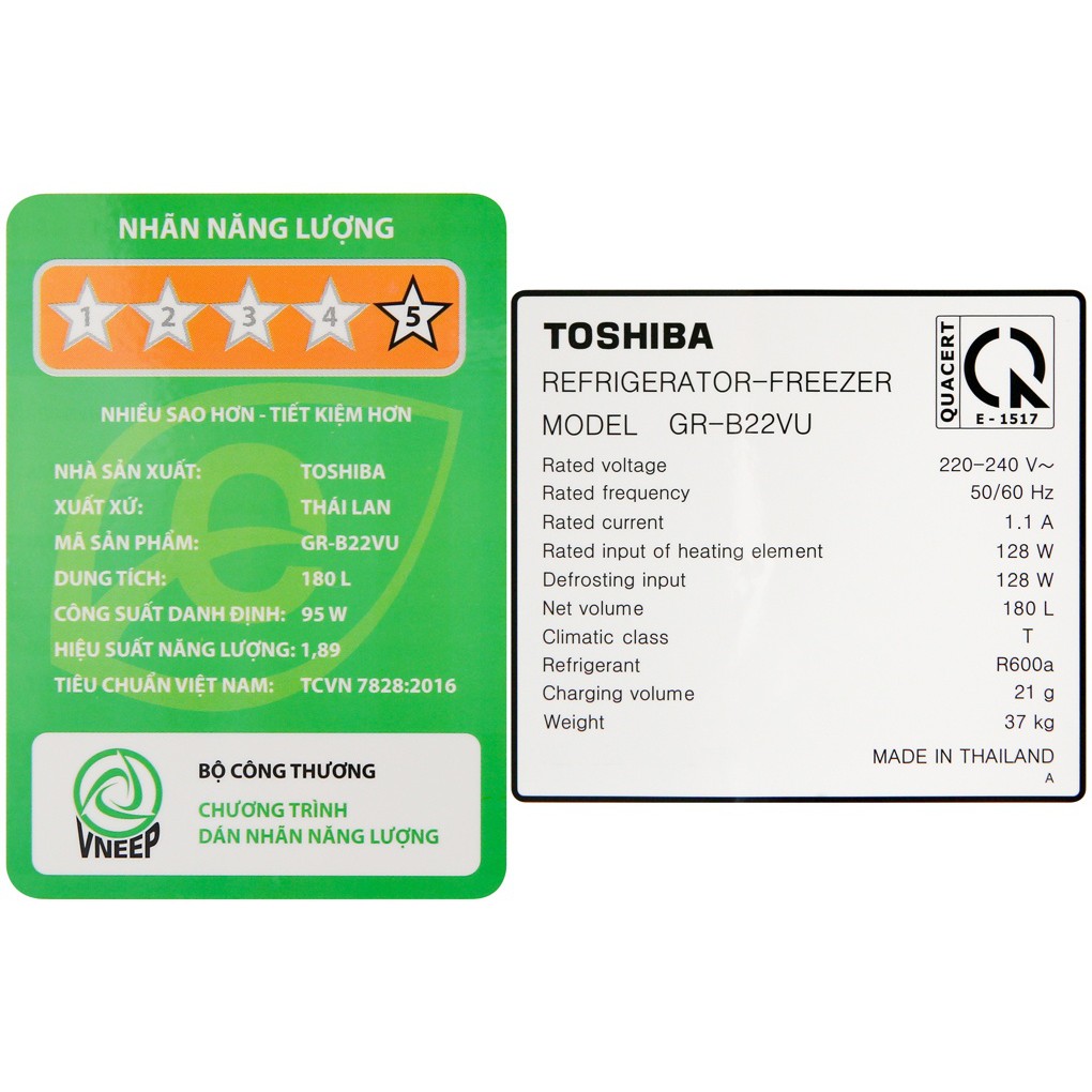 TỦ LẠNH TOSHIBA INVERTER 180 LÍT GR-B22VU UKG