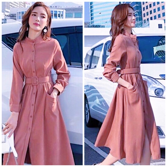 Đầm váy midi hồng ruốc tay dài kèm belt