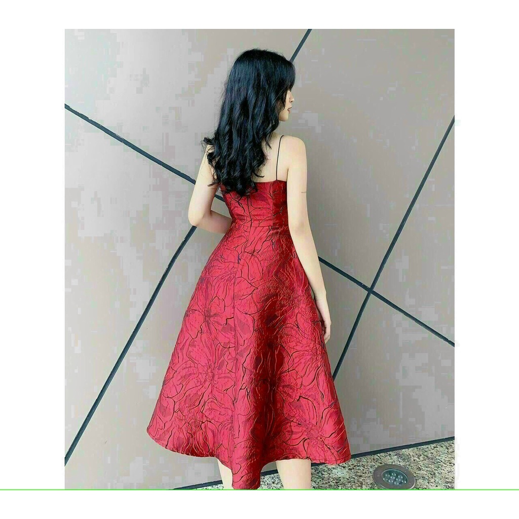 Đầm đi tiệc 2 dây xoè gấm hoa tiết cao cấp có mút ngực