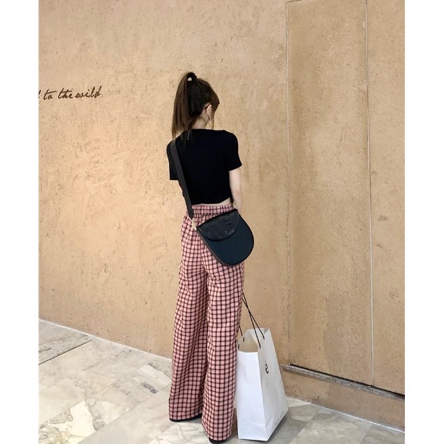 Quần ống rộng Họa Tiết Sọc Caro Phối Dây Rút Thời Trang Trẻ Trung Cho Nữ