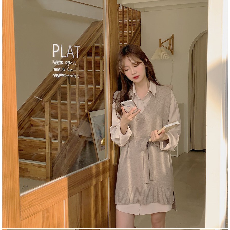 Đầm Dệt Kim Tay Dài Cổ Chữ V Màu Sắc Thời Trang 38507