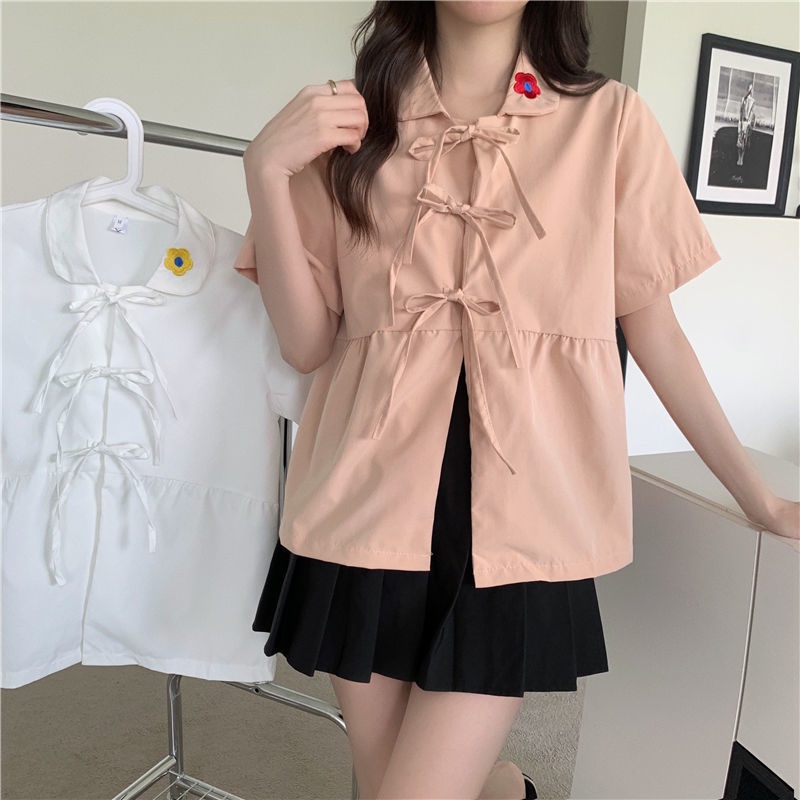 Áo Sơ Mi Cổ Búp Bê Tay Ngắn Thắt Dây Thời Trang Mùa Hè Mới Cho Nữ