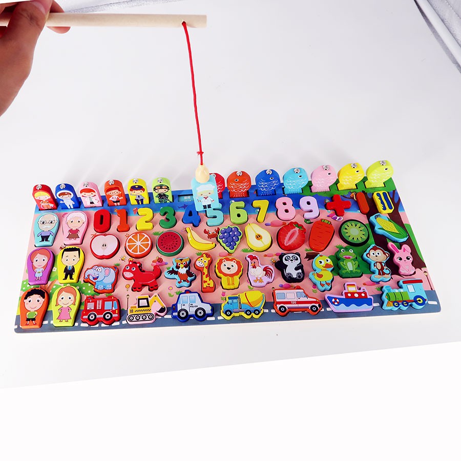 Bộ đồ chơi câu cá và ghép số bằng gỗ sáng tạo cho bé Montessori HL793 có nam châm 63 chi tiết - Bộ bảng số thông minH