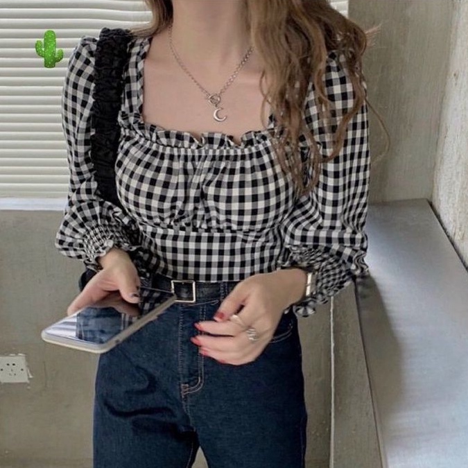Áo nhún ngực Cổ vuông tay dài cột dây sau cổ alohashop91