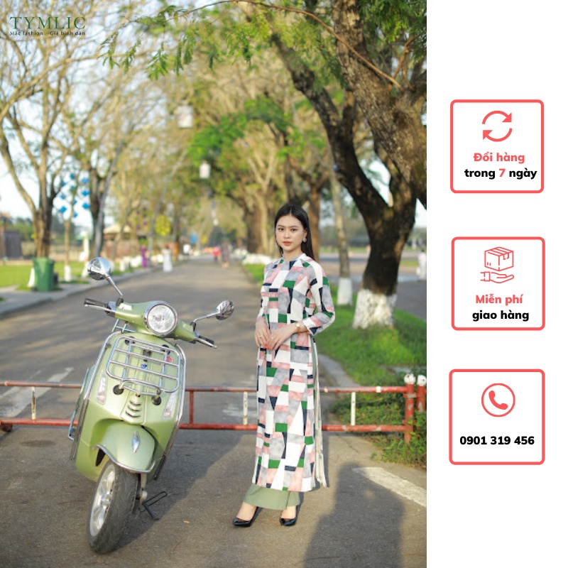 Áo Dài Linen Cổ Vuông Tay Lỡ Họa Tiết Hình Khối TYMLIC (Áo 388k)