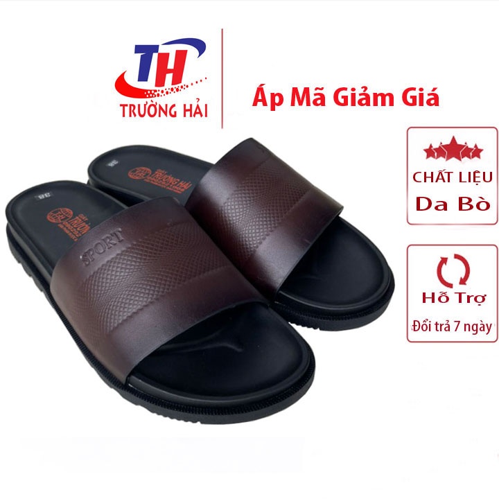 Dép nam da bò cao cấp quai ngang một bản Trường Hải màu nâu DN166