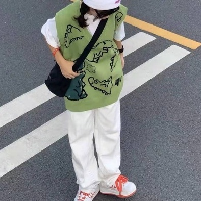 Áo gile len Sát Nách Dáng Rộng Cổ Chữ Hoạt Hình Khủng Long