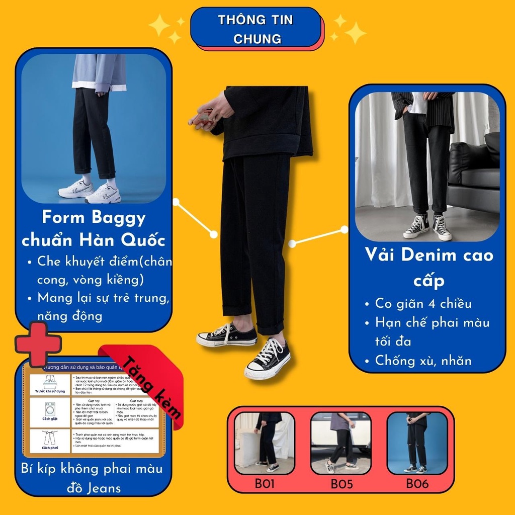 [Tiền Nào Của Đấy]Quần Jean Baggy Nam Ống Rộng Cắt Gấu Đen Trơn Không Phai Màu Vải Co Giãn