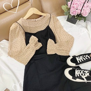 Set áo nude chấm bi + yếm 2d đen