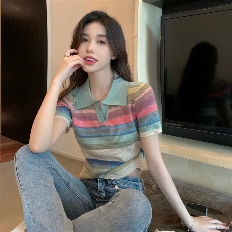 Áo thun ZHELIHANGFEI cổ polo tay ngắn họa tiết kẻ sọc cầu vồng thời trang