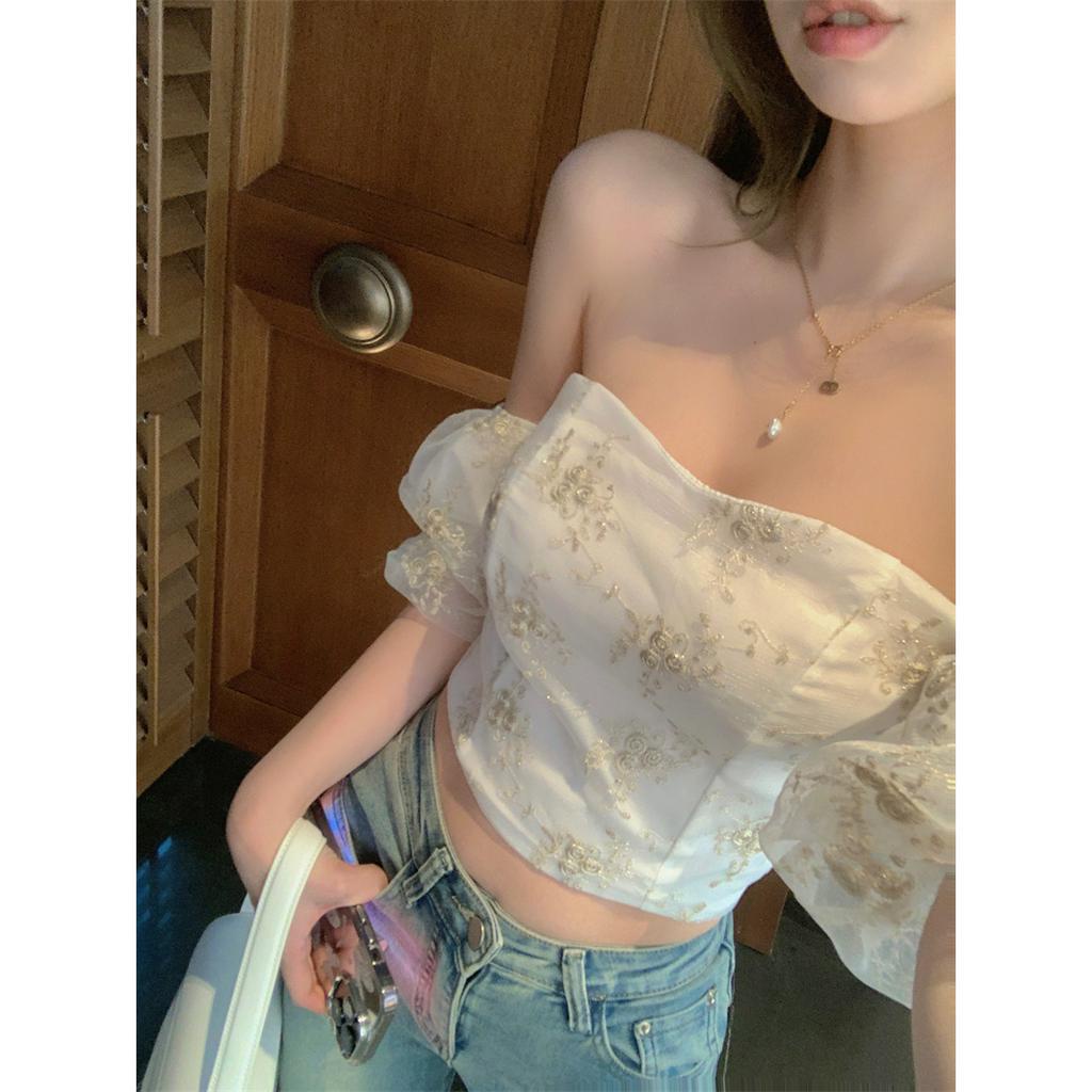 Cocory vn Áo Voan Ngắn Tay Trễ Vai Thêu Họa Tiết Thời Trang Dành Cho Nữ