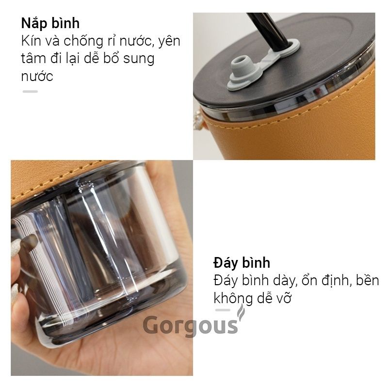 Cốc thuỷ tinh có nắp an toàn chịu nhiệt tốt có ống hút, cốc bọc da 450ml Qimato D2.086.DE