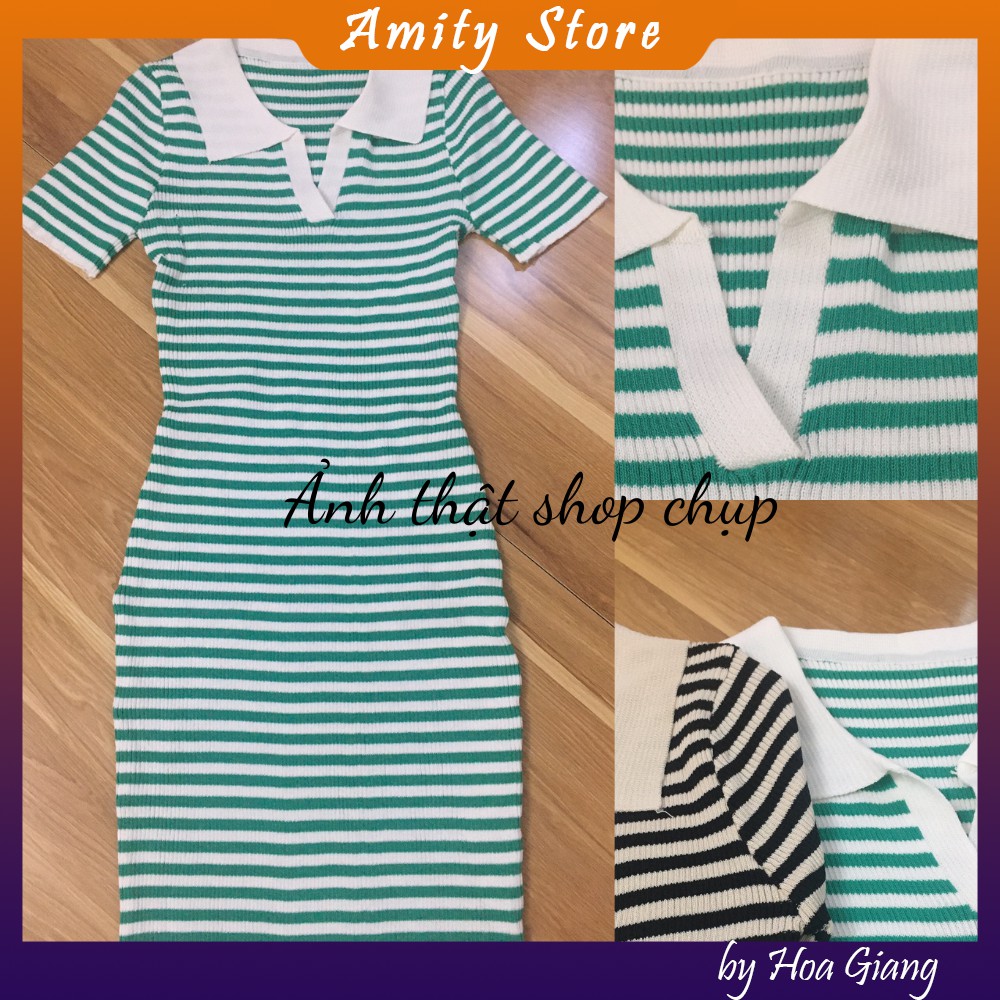 [Váy polo kẻ dệt kim] Đầm len dệt kim polo ôm body gợi cảm hàng quảng châu | BigBuy360 - bigbuy360.vn