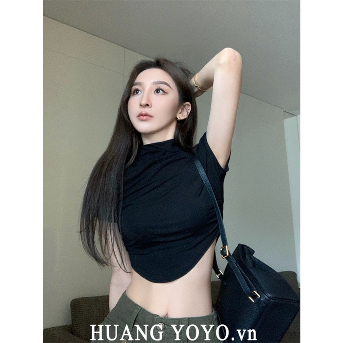 HUANG YOYO Áo thun tay ngắn cổ lọ dáng ôm thời trang mùa hè quyến rũ cá tính cho nữ