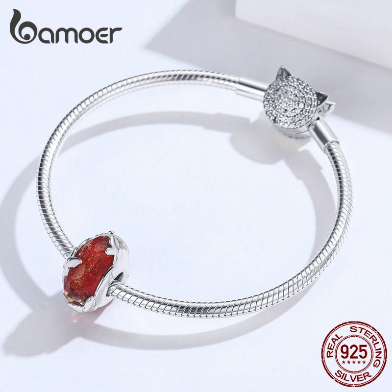 Hạt xỏ BAMOER bạc 925 màu đỏ hình bướm và da rắn thanh lịch cho trang sức