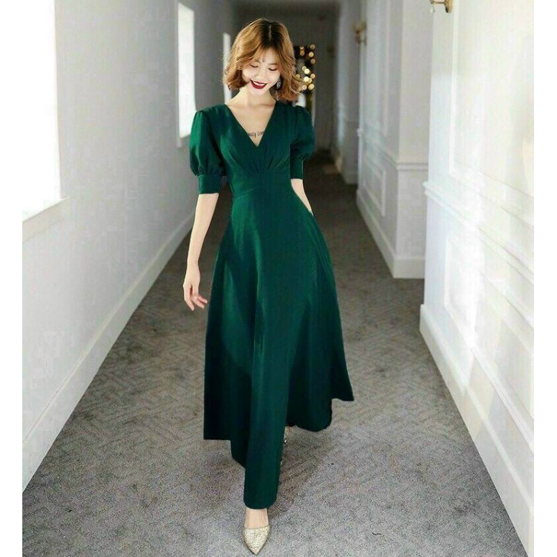 Đầm Maxi xanh xếp li cổ V