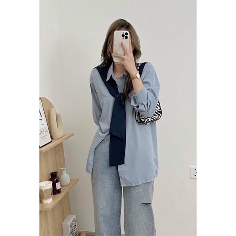 Áo sơ mi dài tay dáng rộng kèm khăn Ulzzang