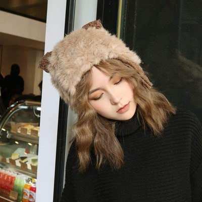 Mũ len tai mèo mũ lông thỏ Nhật Bản Mũ cỏ giữ ấm mùa thu và mùa đông Mũ len chống tai