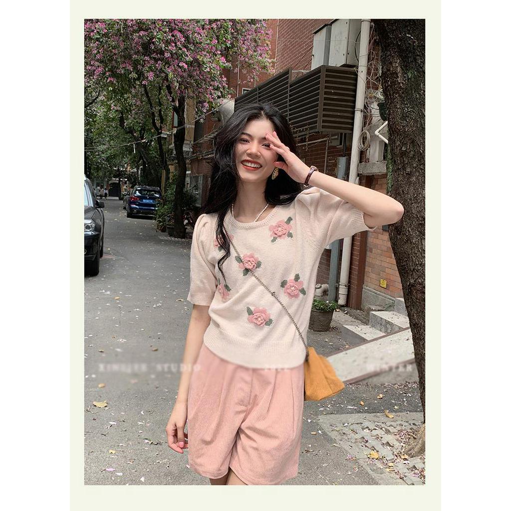 Áo Sweater Cổ Tròn Ngắn Tay In Hoa Ba Chiều Thời Trang Cá Tính 61984