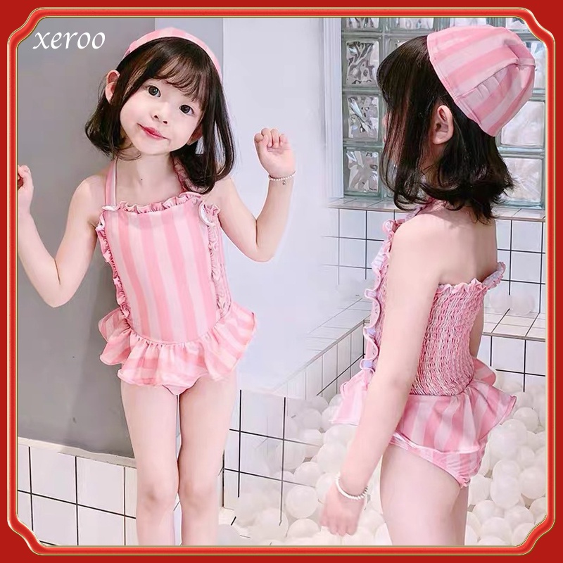 Đồ Bơi Một Mảnh Hai Dây Màu Hồng Kẻ Sọc Phong Cách Hàn Quốc Cho Bé Gái