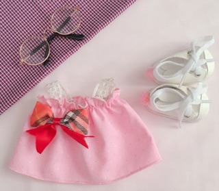 [outfit] Váy hồng nơ đỏ doll 20cm