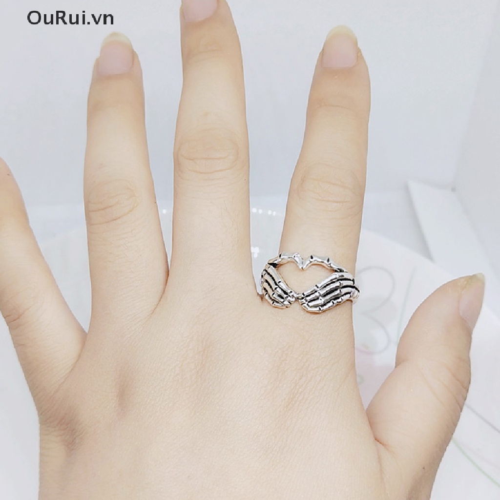 Nhẫn đôi mạ bạc hình bàn tay phong cách punk gothic sáng tạo