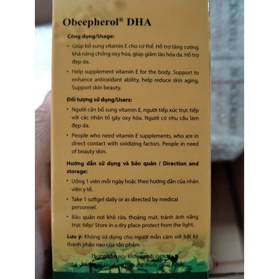 Vitamin E 400 IU Obeepherol DHA [chính hãng] thực phẩm bảo vệ sức khỏe