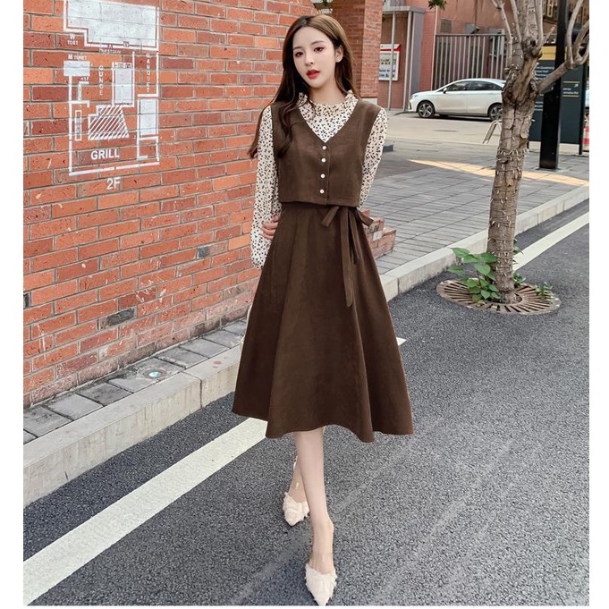 Váy đầm nhung corduroy kèm áo hoa tay dài liền mảnh thắt nơ eo phong cách Hàn Quốc MS417