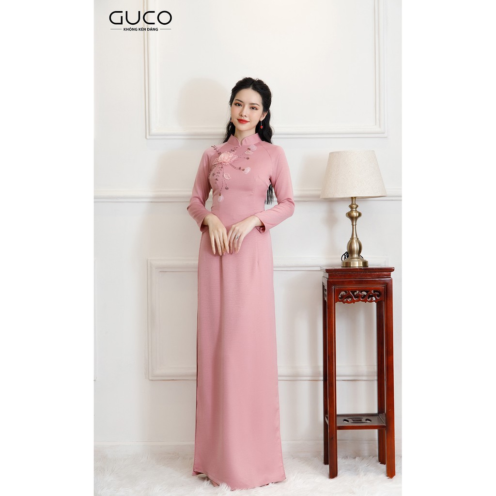 GUCO - Set Áo dài truyền thống nữ màu hồng hoa 3D thanh lịch AD103