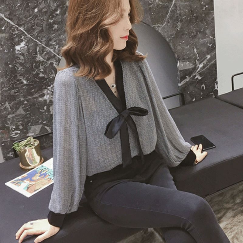 Áo Sơ Mi Chiffon Tay Phồng Cổ Chữ V Thắt Nơ Họa Tiết Sọc Caro Thời Trang Mùa Hè Cho Nữ