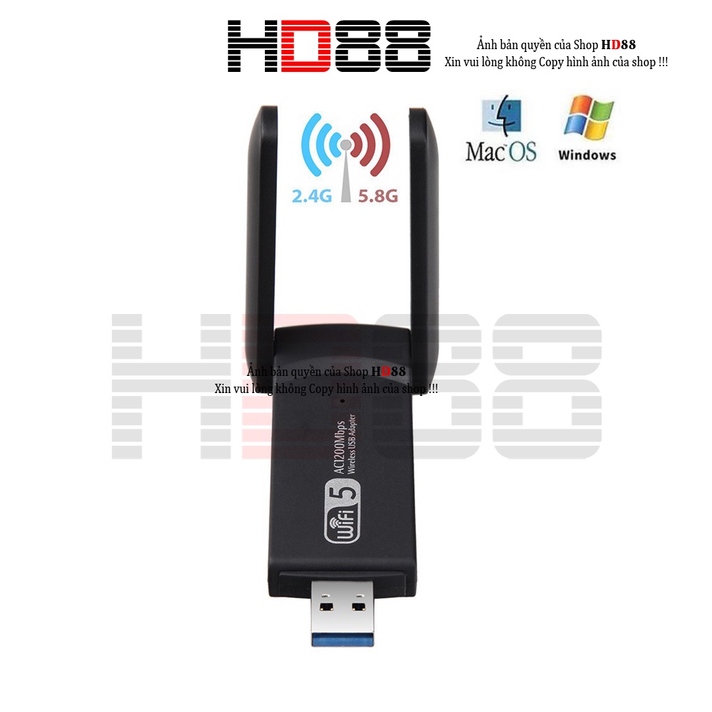 USB Thu Phát Wifi 1200mbps tốc độ cao 2 râu cho máy tính bàn, laptop 2.4 / 5g Usb 3.0 RTL8812BU HD88 - A01