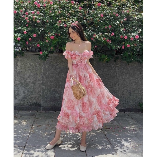 ĐẦM MAXI HOA BẸT VAI ĐAN DÂY NGỰC