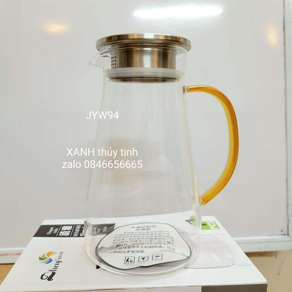 Bình thủy tinh quai vàng, nắp inox 1500ml - Mã JYW94
